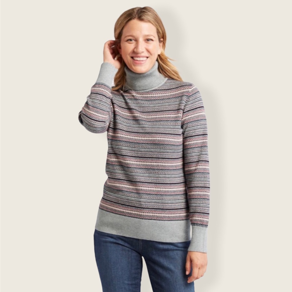 L.L. Bean Fair Isle Grey Striped Cotton Cashmere Blend Turtleneck Sweater Large